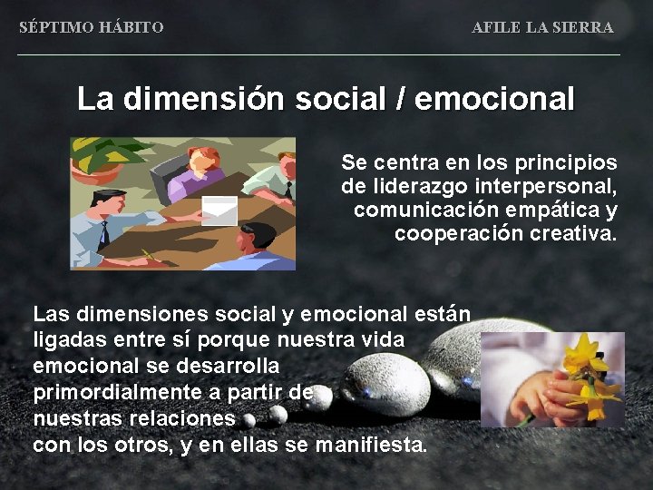 SÉPTIMO HÁBITO AFILE LA SIERRA La dimensión social / emocional Se centra en los