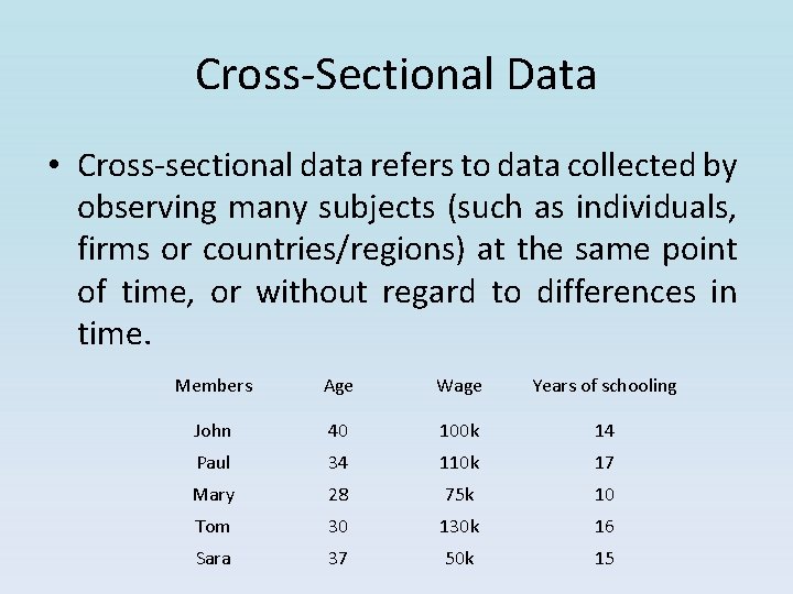 Cross-Sectional Data • Cross-sectional data refers to data collected by observing many subjects (such Cross-Sectional Data • Cross-sectional data refers to data collected by observing many subjects (such