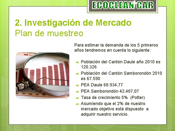 ECOCLEAN CAR 2. Investigación de Mercado Plan de muestreo Para estimar la demanda de