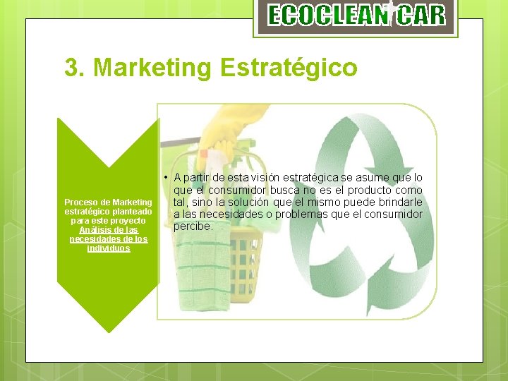 3. Marketing Estratégico Proceso de Marketing estratégico planteado para este proyecto Análisis de las