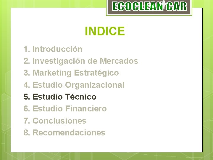 ECOCLEAN CAR INDICE 1. Introducción 2. Investigación de Mercados 3. Marketing Estratégico 4. Estudio