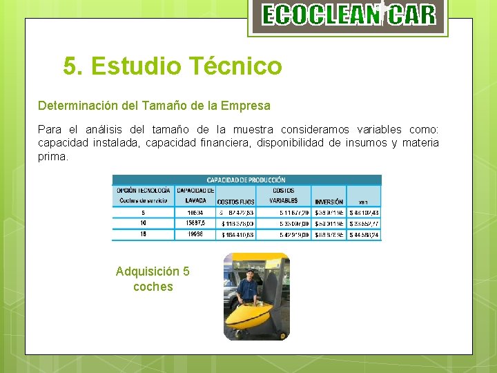 5. Estudio Técnico Determinación del Tamaño de la Empresa Para el análisis del tamaño