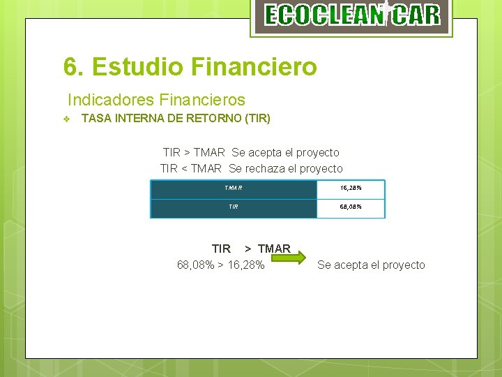 6. Estudio Financiero Indicadores Financieros v TASA INTERNA DE RETORNO (TIR) TIR > TMAR