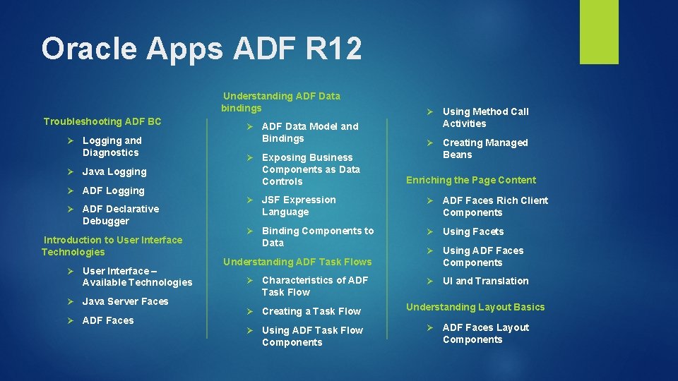 Oracle Apps ADF R 12 Understanding ADF Data bindings Troubleshooting ADF BC Ø Logging