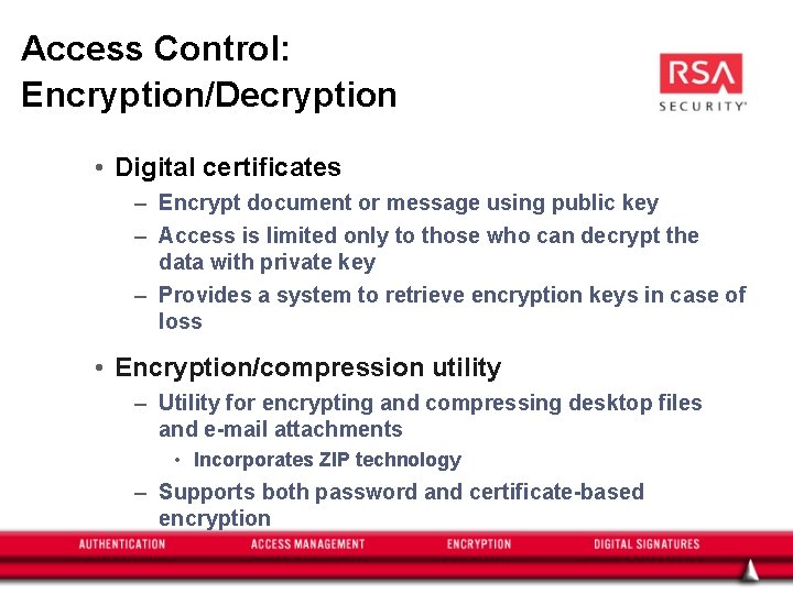 Access Control: Encryption/Decryption • Digital certificates – Encrypt document or message using public key