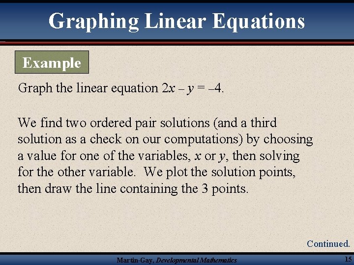 Graphing Linear Equations Example Graph the linear equation 2 x – y = –