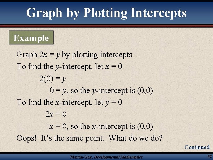 Graph by Plotting Intercepts Example Graph 2 x = y by plotting intercepts To