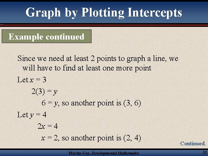 Graph by Plotting Intercepts Example continued Since we need at least 2 points to