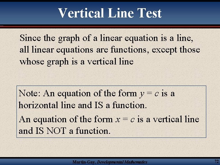 Vertical Line Test Since the graph of a linear equation is a line, all
