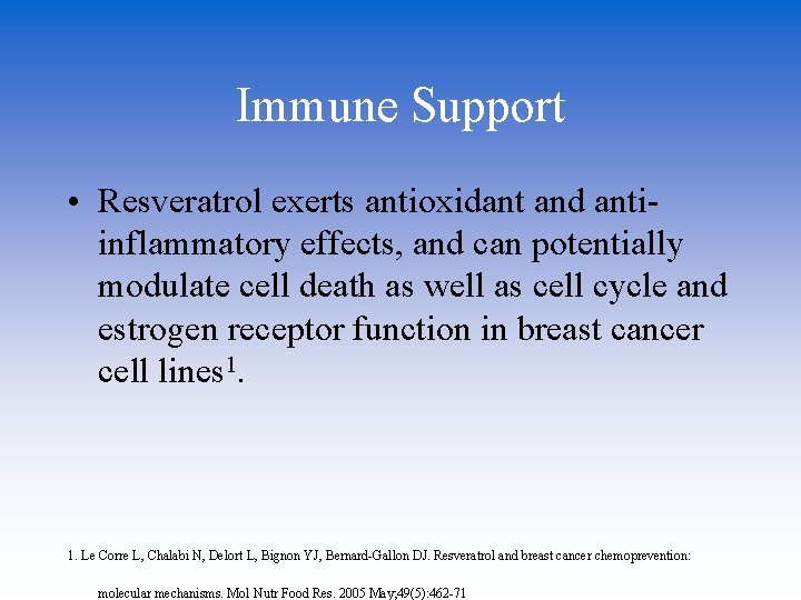 Immune Support • Resveratrol exerts antioxidant and antiinflammatory effects, and can potentially modulate cell