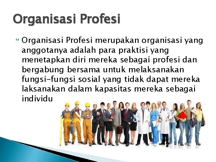 Organisasi Profesi merupakan organisasi yang anggotanya adalah para praktisi yang menetapkan diri mereka sebagai