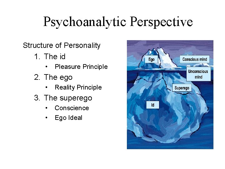Psychoanalytic Perspective Structure of Personality 1. The id • Pleasure Principle 2. The ego