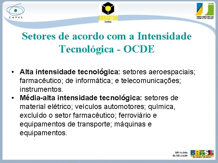 Setores de acordo com a Intensidade Tecnológica - OCDE • Alta intensidade tecnológica: setores
