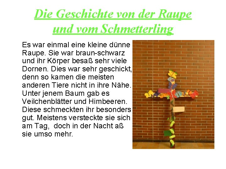 Die Geschichte von der Raupe und vom Schmetterling Es war einmal eine kleine dünne