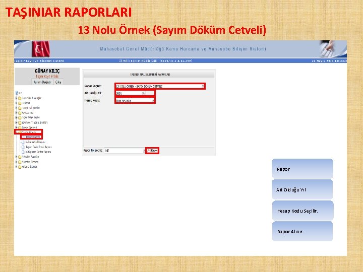 TAŞINIAR RAPORLARI 13 Nolu Örnek (Sayım Döküm Cetveli) Rapor Ait Olduğu Yıl Hesap Kodu
