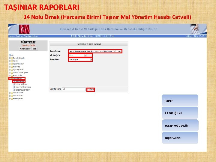 TAŞINIAR RAPORLARI 14 Nolu Örnek (Harcama Birimi Taşınır Mal Yönetim Hesabı Cetveli) Rapor Ait