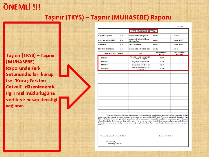 ÖNEMLİ !!! Taşınır (TKYS) – Taşınır (MUHASEBE) Raporunda Fark Sütununda; far kuruş ise ‘’Kuruş