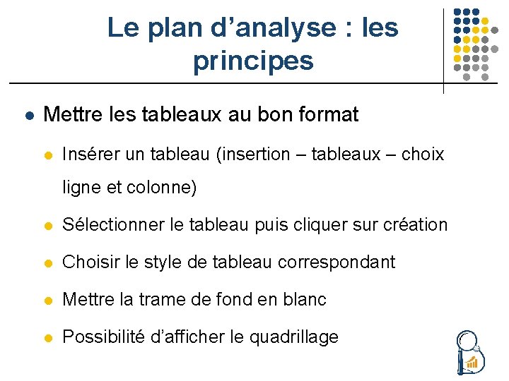 Le plan d’analyse : les principes l Mettre les tableaux au bon format l