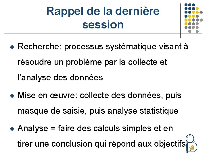 Rappel de la dernière session l Recherche: processus systématique visant à résoudre un problème