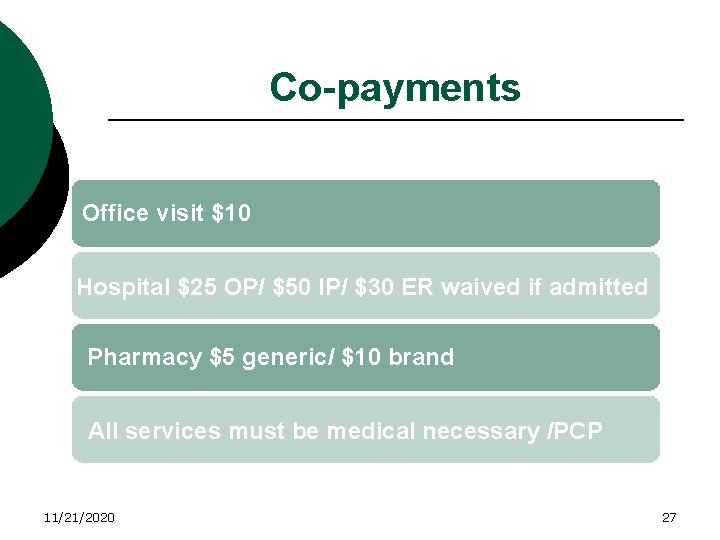 Co-payments Office visit $10 Hospital $25 OP/ $50 IP/ $30 ER waived if admitted