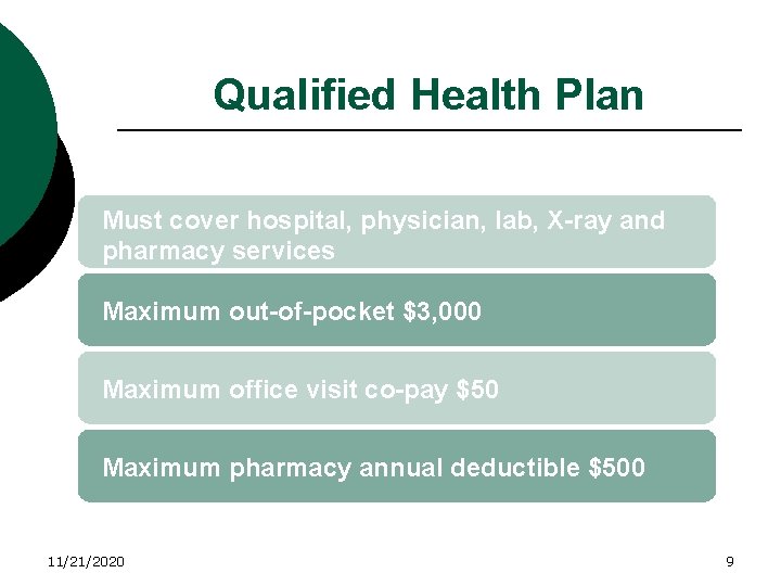 Qualified Health Plan Must cover hospital, physician, lab, X-ray and pharmacy services Maximum out-of-pocket