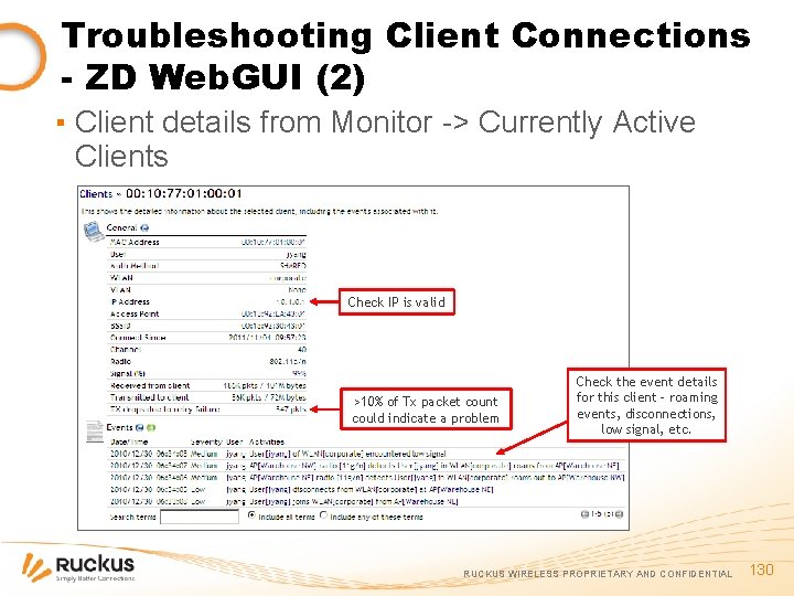 Troubleshooting Client Connections - ZD Web. GUI (2) ▪ Client details from Monitor ->