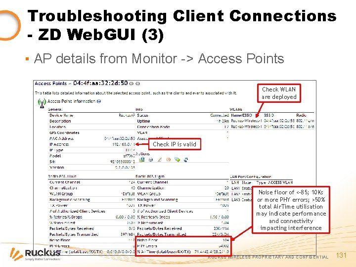 Troubleshooting Client Connections - ZD Web. GUI (3) ▪ AP details from Monitor ->