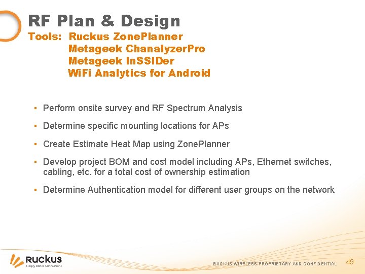 RF Plan & Design Tools: Ruckus Zone. Planner Metageek Chanalyzer. Pro Metageek In. SSIDer