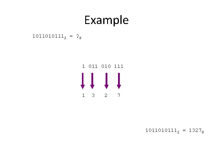 Example 10110101112 = ? 8 1 010 111 1 3 2 7 10110101112 =