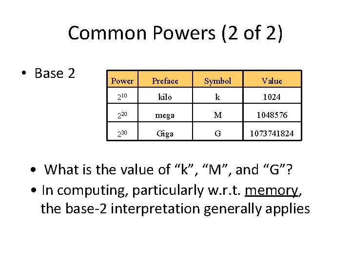 Common Powers (2 of 2) • Base 2 Power Preface Symbol Value 210 kilo