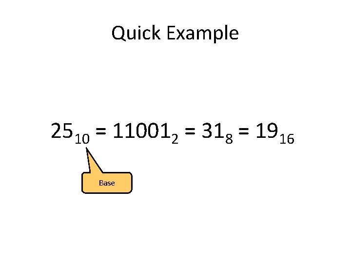Quick Example 2510 = 110012 = 318 = 1916 Base 