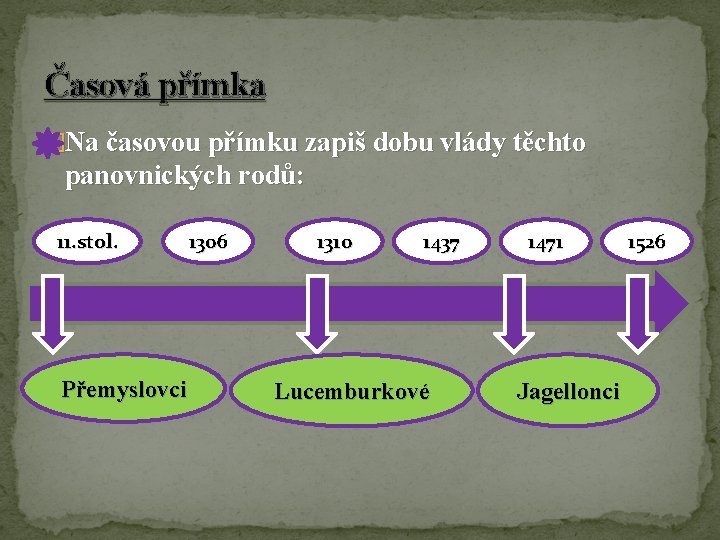 Časová přímka �Na časovou přímku zapiš dobu vlády těchto panovnických rodů: 11. stol. Přemyslovci Časová přímka �Na časovou přímku zapiš dobu vlády těchto panovnických rodů: 11. stol. Přemyslovci