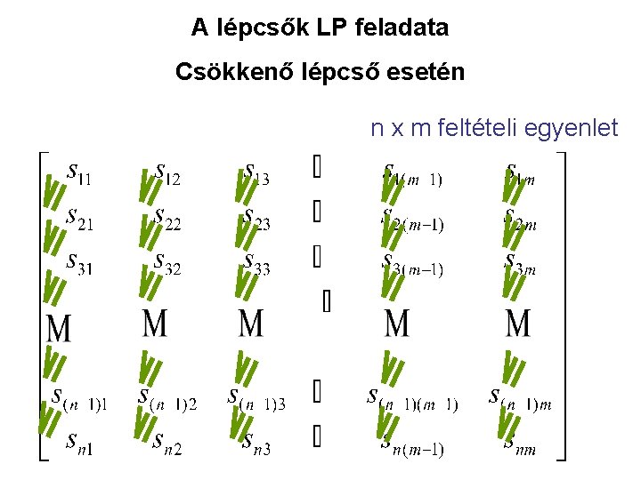 A lépcsők LP feladata Csökkenő lépcső esetén n x m feltételi egyenlet 