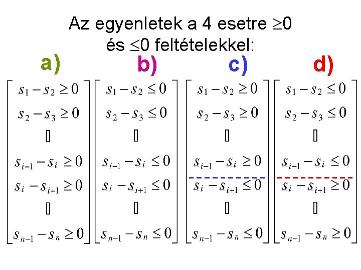 a) Az egyenletek a 4 esetre 0 és 0 feltételekkel: b) c) d) 