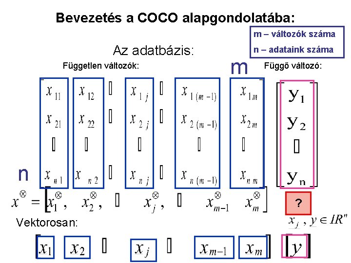 Bevezetés a COCO alapgondolatába: m – változók száma Az adatbázis: Független változók: n –