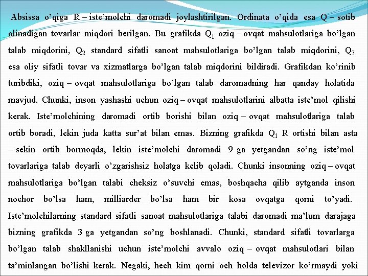  Absissa o’qiga R – iste’molchi daromadi joylashtirilgan. Ordinata o’qida esa Q – sotib