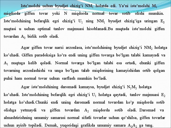 Iste’molchi uchun byudjet chizig’i NM 1 holatda edi. Ya’ni iste’molchi M 1 miqdorda giffen