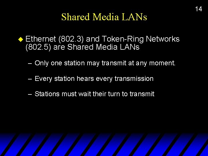 Shared Media LANs u Ethernet (802. 3) and Token-Ring Networks (802. 5) are Shared