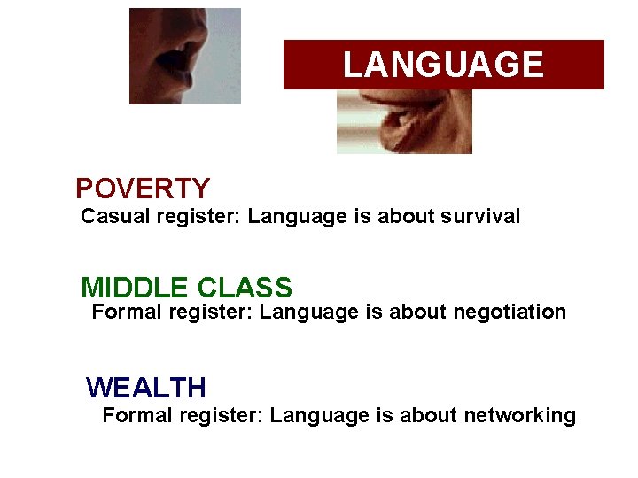 LANGUAGE POVERTY Casual register: Language is about survival MIDDLE CLASS Formal register: Language is