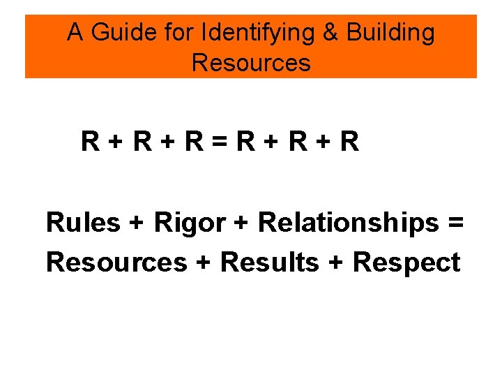 A Guide for Identifying & Building Resources R+R+R=R+R+R Rules + Rigor + Relationships =