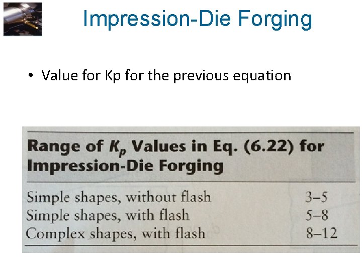 Impression-Die Forging • Value for Kp for the previous equation 