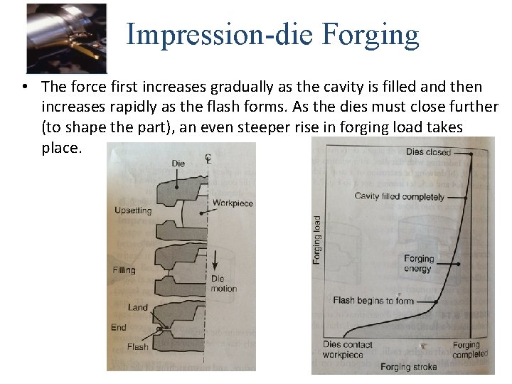 Impression-die Forging • The force first increases gradually as the cavity is filled and