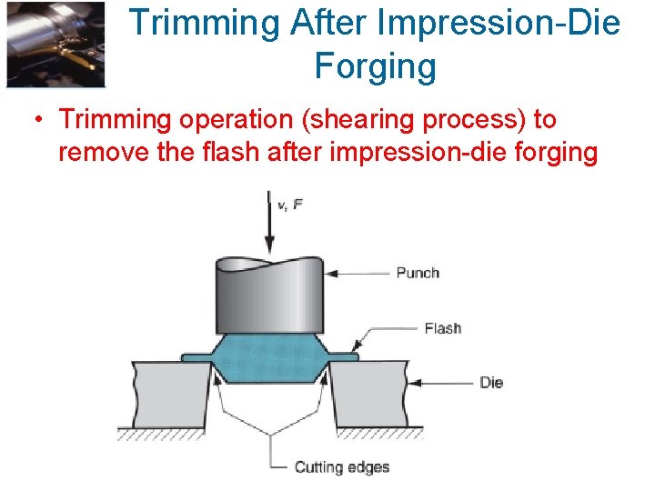 Trimming After Impression-Die Forging • Trimming operation (shearing process) to remove the flash after