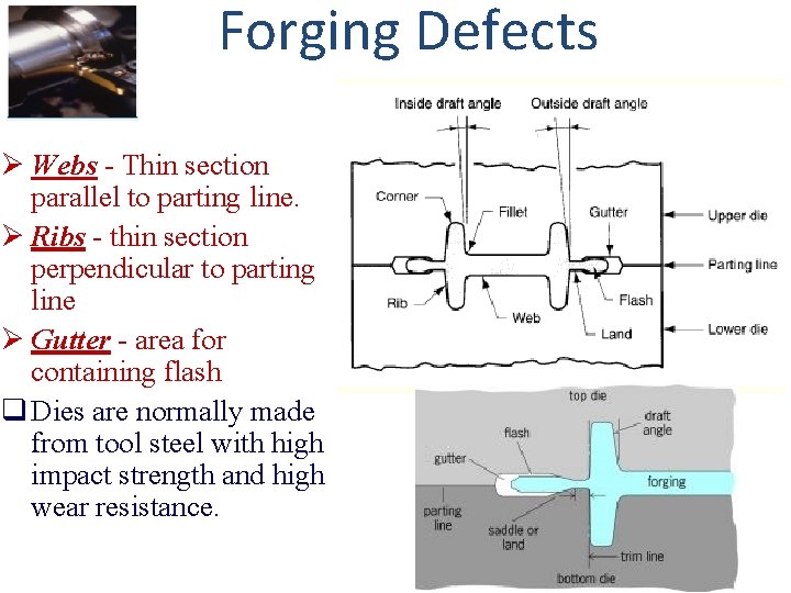 Forging Defects Ø Webs - Thin section parallel to parting line. Ø Ribs -