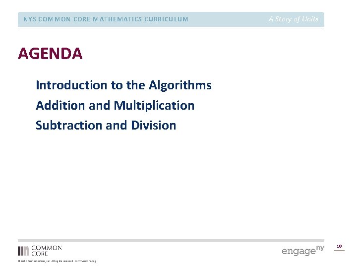 NYS COMMON CORE MATHEMATICS CURRICULUM A Story of Units AGENDA Introduction to the Algorithms