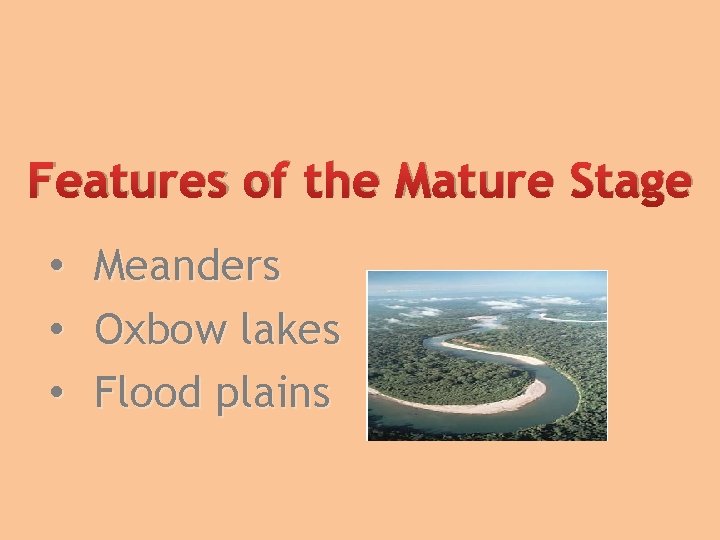 Features of the Mature Stage • • • Meanders Oxbow lakes Flood plains 