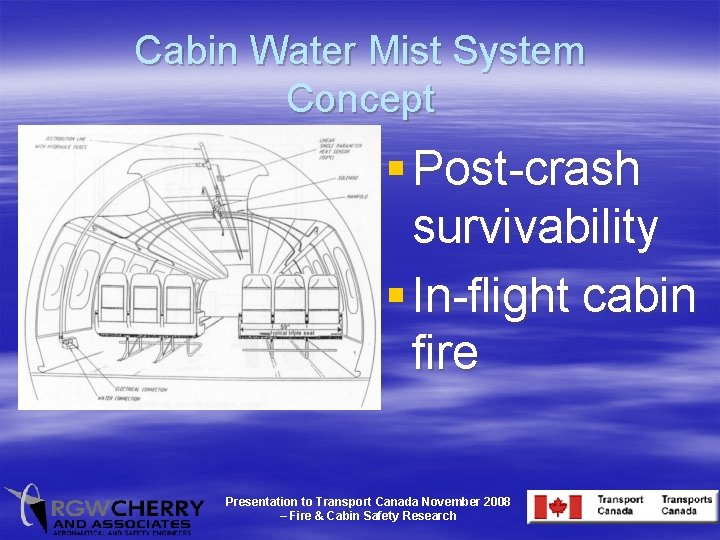 Cabin Water Mist System Concept § Post-crash survivability § In-flight cabin fire Presentation to