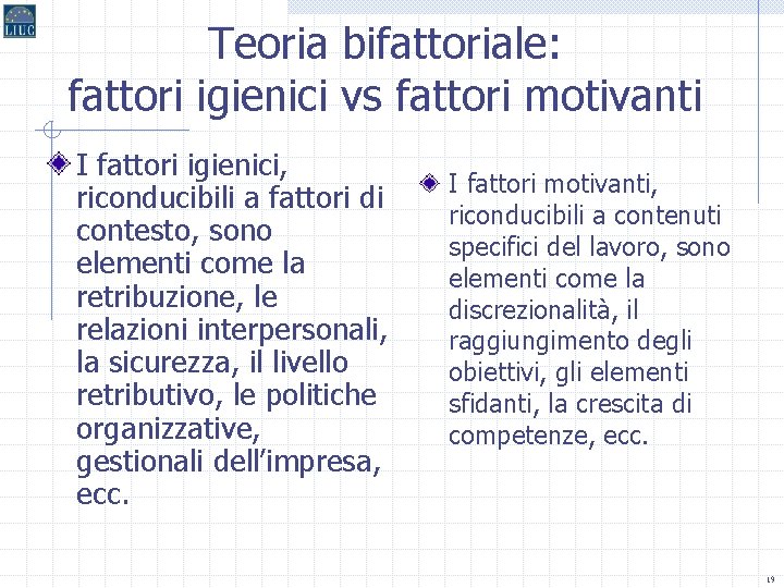 Teoria bifattoriale: fattori igienici vs fattori motivanti I fattori igienici, riconducibili a fattori di