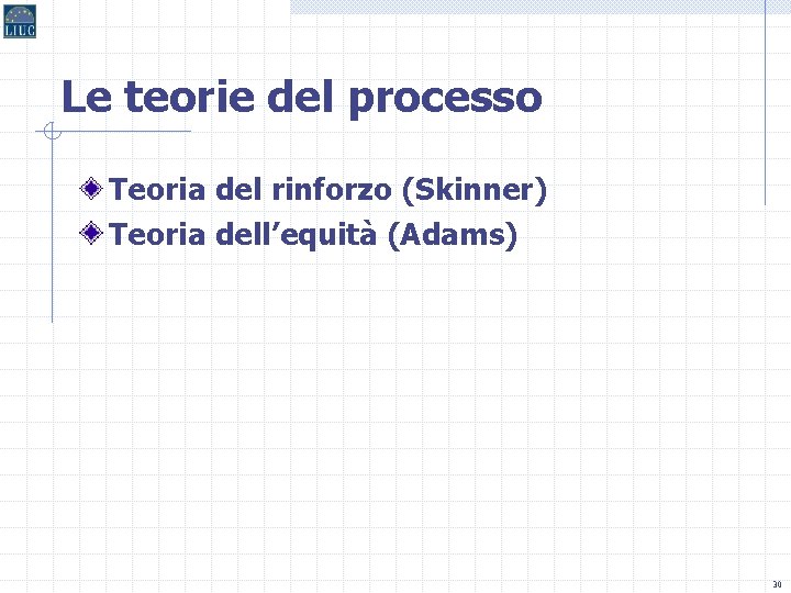 Le teorie del processo Teoria del rinforzo (Skinner) Teoria dell’equità (Adams) 30 