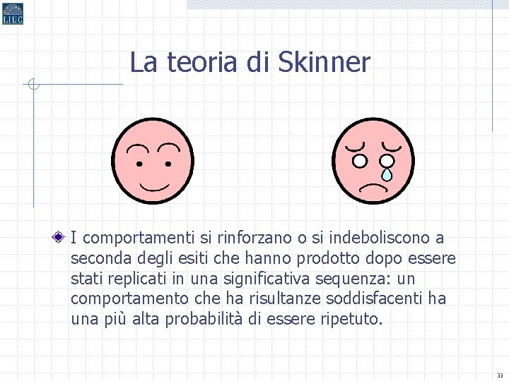 La teoria di Skinner I comportamenti si rinforzano o si indeboliscono a seconda degli